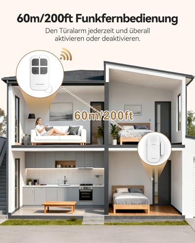 TECKNET 130dB Türalarm, Fensteralarm mit Fernbedienung, Drahtlose Alarmanlage mit einfacher Installation, 4 Funktionsmodi der Sirene für Einbruchschutz – Ideal für Haus und Geschäft (2er-Pack)