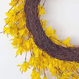 Yellow Forsythia Door Wreath Huashen 24 Inch Summer Front Door Wreath Blossom Cluster Flower Farmhouse Wreath On Grapevine For Christmas Celebration Front Door Wall Window Decoration Hanging #TOP6