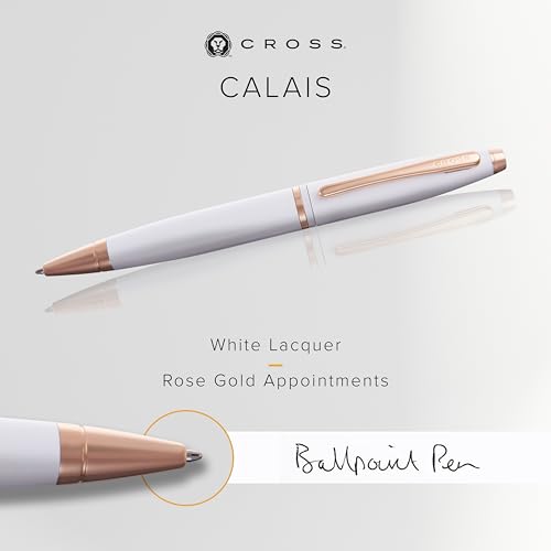 Image of Cross Calais White & Rose Gold Refillable Ballpoint Pen - Medium Point, Black Ink, Smooth Writing, Presented in a Luxury Gift Box