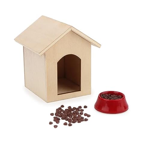 Cutemini Miniature Dog House, Dog Bowl,Dog Food 3PCS Pets Playset 1:12 Scale Dollhouse Furniture Accessories Wooden Pet House Set Garden Scene Decoration Ornaments (Wood) Cover