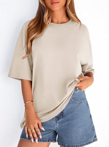 PRETTYGARDEN Womens 2026 Spring Going Out Tops Casual Short Sleeve Crewneck Loose Fit Basic Oversized T Shirts Summer Outfits (Beige,Small) — view 4