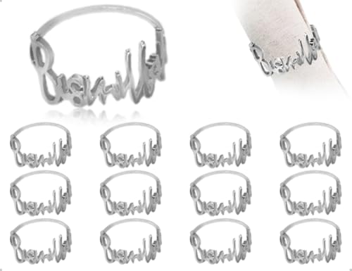 AOYEGIC 12 Stück Serviettenringe,Vintage Metall Alphabet Serviette Schnallen Halter,Tischdekoration,verwendet für Familie Hochzeit Party Ramadan(Silber)