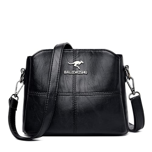 Bolsa de Ombro Pequena Feminina de Couro PU Bolsa Feminina Transversal Vintage Multi Bolso (Preto)