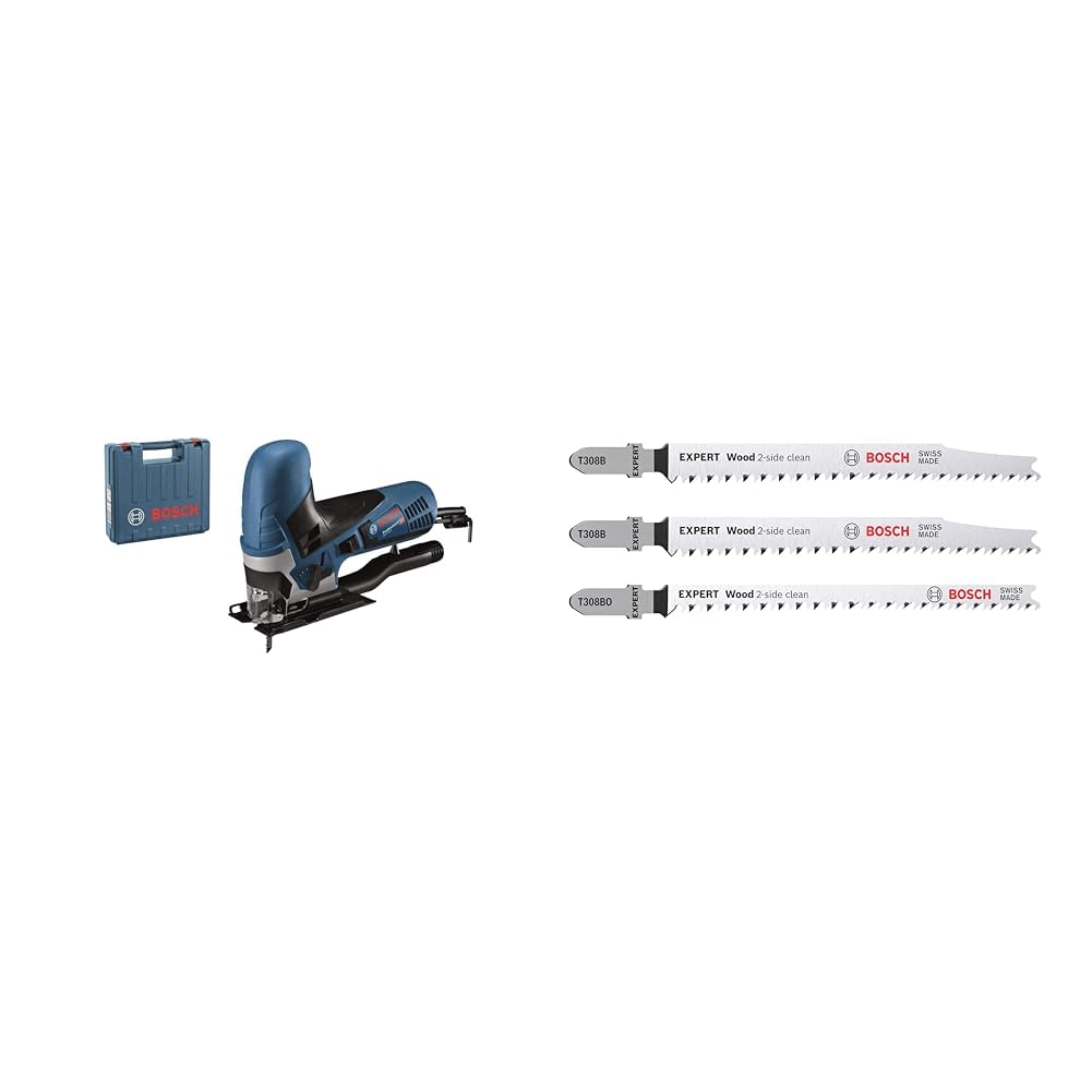 Bosch Professional Stichsäge GST 90 E (1x Sägeblatt, Absaug-Set, Spanreißschutz, im Koffer) + 3x Stichsägeblatt Set Expert Wood 2-Side Clean (für Sperrholz, Massivholz-Möbelplatte, 117 mm, Zubehör)