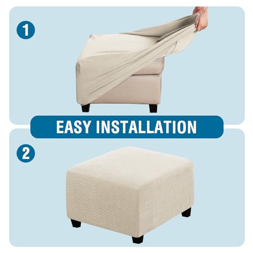 Image of H.VERSAILTEX Square Ottoman Covers Ottoman Slipcovers Folding Storage Stool Furniture Protector Form Fit with Elastic Bottom, Stretch High Spandex Small Checks Jacquard Fabric(Large,Natural)