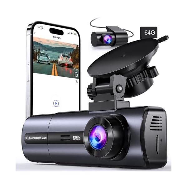 3 Channel 4K Dash Cam with 5GHz WiFi & APP Control, 4K/2.5K+1080P+1080P Front Inside and Rear, Triple Dash Camera with 64GB Card, G-Sensor, 24 Hours Parking Mode, Loop Recording, Night Vision