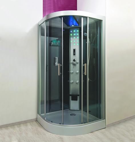 ONDEE, cabina de hidromasaje SKADI, bienestar por cromoterapia, montaje sin silicona, cabina de esquina 1/4 círculo, 100x217cm, 6 boquillas de masaje orientable, asiento elevable y estante