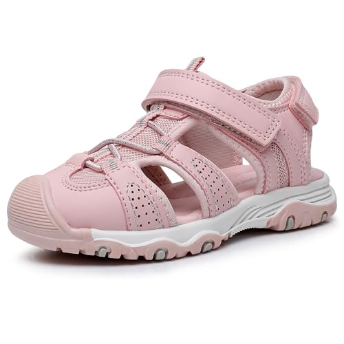 Ahannie Toddler Sandals Girls Sandals – Kids Closed Toe Water Sport Outdoor Summer Beach Shoes with Hook Loop(Pink-13)