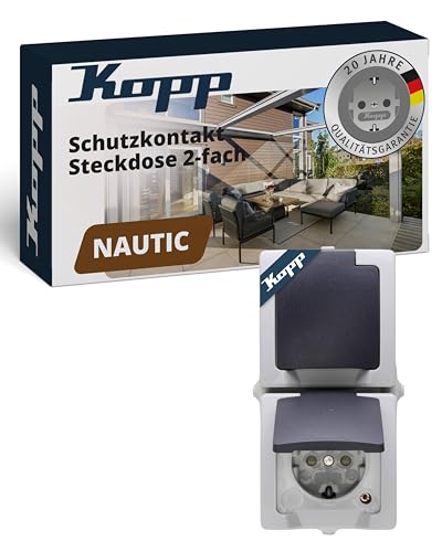 Kopp NAUTIC 2-fach Schutzkontakt-Steckdose mit Klappdeckel in Grau - Sichere Aufputz-Steckdose mit erhöhtem Berührungsschutz - Senkrechter IP44 Feuchtraumsteckdosen-Aufputz 16A / 250V~