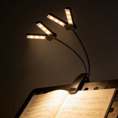 Briocht Rechargeable Music Stand Light Dual Head and Dual Arm 3 Color Temperatures with 3 Brightness Levels 360 Adjustable Clip-On Book Reading Light for Piano Study Reading and Office Use