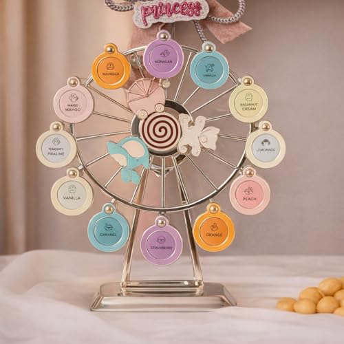 Image of Izzhaar Ferris Wheel Candy Dispenser, Princess Theme, Multi-Color, 12 Flavors, Decorative Stand with Lollipop Center