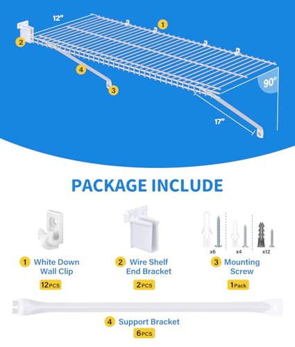 6 Pack 12 Inch Wire Shelf Brackets Set, Closet Maid Support Brackets with Anchors and Screws, Wire Closet Shelving Accessories with 12 PCS Wire Shelf Clips for Wardrobe and Wall Bracket - Thumbnail 2