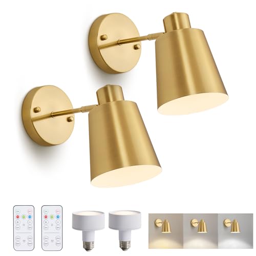 Vitnucrol 2 Pack Gold Wireless Battery Operated Wall Sconces, Dimmable Battery Powered Wall Decor Set of 2, Cordless Indoor Wall Light Lamp with Remote Control for Bedroom Living Room