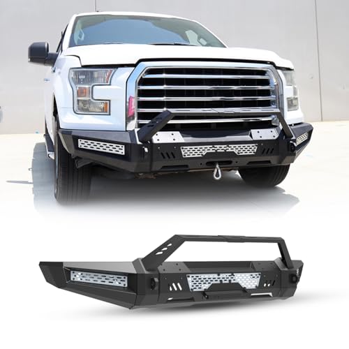 Hawkley Offoad Front Bumper for Ford F-150 2015-2017 (Exclude Raptor), Pickup Truck Steel Black Front Bumper w/ACC Bracket | Winch Clutch Switch Operating Hole | D-Rings | Pod Light Mounting Bracket
