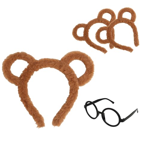 Moikolok 3 Chipmunk Headbands and 1 Round EyeGlasses Frame Rounded Bear Ears with Non-Lens Glasses Chipmunk Group Costumes for Spirit Weeks