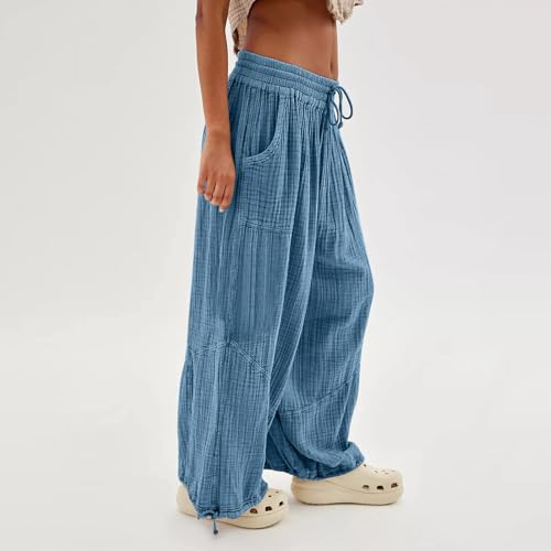 Women Casual Wide Leg Pants Loose Elastic High Waisted Drawstring Lounge Patchwork Baggy Pants with Pockets3
