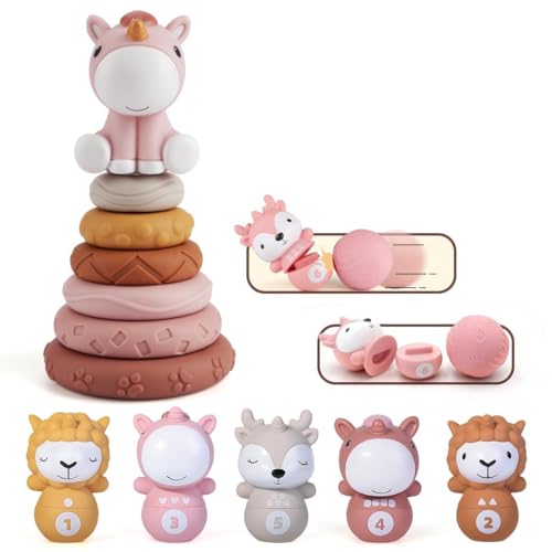 Image of Nueplay 7 Pcs Baby Stacking Toys & 8 Pcs Kids Bowling Toys Set, Squeeze Teething Baby Toys & Learning Toys, Newborn Essentials for 6 12 18 Months Baby Toddler Girls