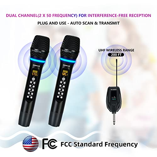 Zerfun Wireless Microphones Rechargeable, Metal Uhf Wireless Mic Cordless Microphone Handheld Dual With Echo Treble Bass Vol Channel Control For Karaoke Singing Church Events #TOP3