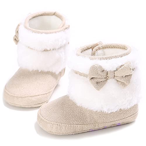 Image of FEXATAR Crib Shoes Girl Baby Shoes Infant Side Velcro Cotton Sole Color Stitching Match Colors Boots Prewalker (Apricot B011,0 Months)