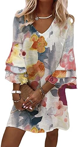 Women’s Casual Boho Floral Print Dress Loose V Neck 3/4 Wave Bell Sleeve Flowy Mini Beach Summer Dresses for Women Women’s Casual Boho Floral Print Dress Loose V Neck 3/4 Wave Bell Sleeve Flowy Mini Beach Summer Dresses for Women