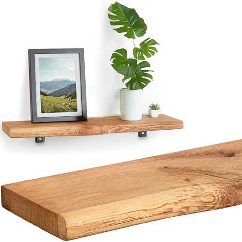 VILLANORD® Estantería de pared de madera maciza de roble alemán, rústica, con borde natural, 70 cm
