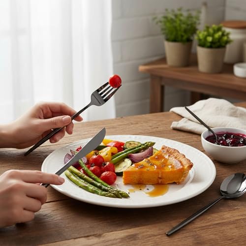 Image of 8 Pcs Black Slim Handle Stainless Steel Cutlery Set for Dining Table with Spoons and Forks Set + Butterknives - The Perfect Tableware /Flatware