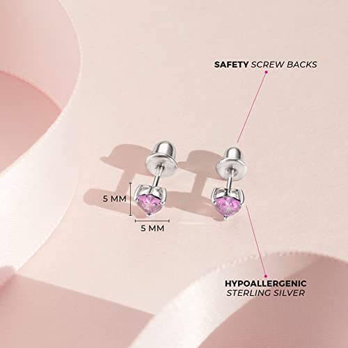 925 Sterling Silver 5Mm Toddlers Simulated Pink Tourmaline Heart Shape Cubic Zirconia Stud Earrings With Safety Screw Back Locking - Adorable Gift For Kids On Special Occasion Or Everyday Wear #TOP3