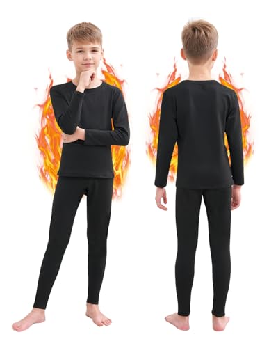 HEROBIKER Thermal Underwear Boys Ultra Soft Fleece Lined Kids Thermals Long Johns Top Bottom Warm Set for Winter Skiing, Black, Medium