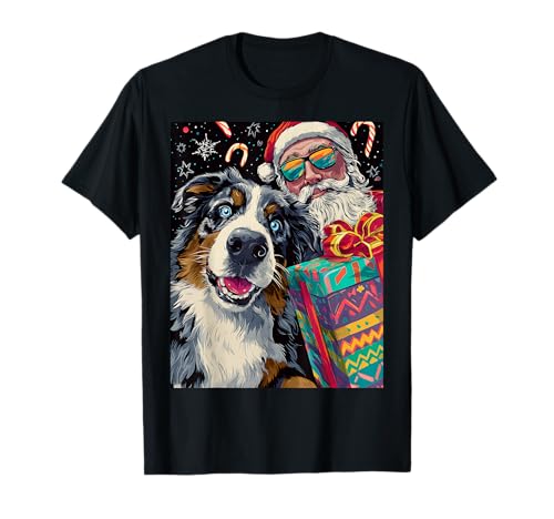 Funny Christmas Australian Shepherd Selfie with Santa Xmas T-Shirt