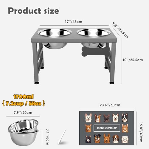 Adengl Elevated Dog Bowls, 10" Tall Height, Raised Bowl Stand With 2 Stainless Steel Food Feeder Bowls (60Oz) And Spill-Proof Mat For Medium Large And Small Breeds, Grey - 3
