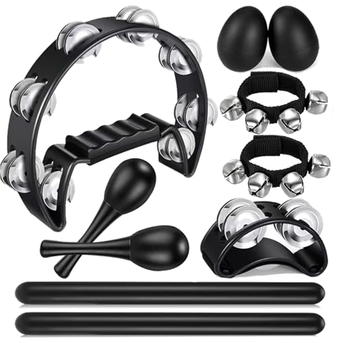 10 Pcs Black Tambourines for Adults - Half Moon Tambourine Foot Tambourine Wood Rhythm Sticks Egg Shakers Wrist Bells a Pair Maracas Musical Percussion Instrument Set for Church Party