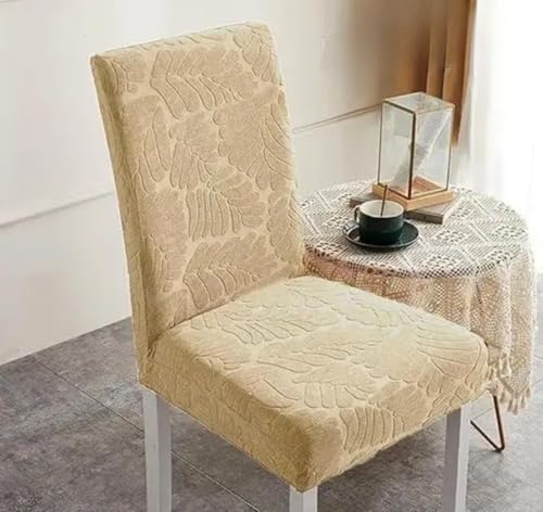 Image of BLACK SPADE Turkish Embossed Dinning Velvet Chair Cover Set of 6 || Stretch Removable Washable Short Dining Chair Cover Protector Seat Slipcover (Pack of 6) (Cream Leaves)