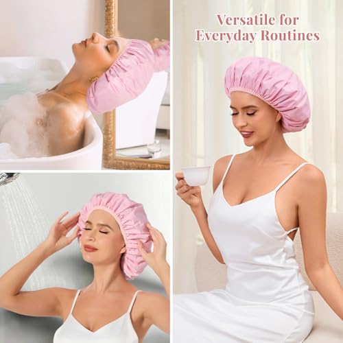 Shower Cap for Women Waterproof Reusable, Large Shower Cap Non-Slip with Elastic Band, Washable Bath Hair Hat for Long Hair, Braids (Pink) — view 6