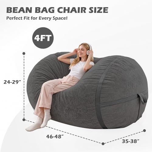 Image of 4FT Bean Bag Chair 4'Big Bean Bag Chairs with Adults, Large Beanbag Chair | Bean bag Lounger with Machine Washable Cover Luxurious Velvet Fabric, Comfy Chairs for Living Room, Bedroom, Dorm, Darkgrey