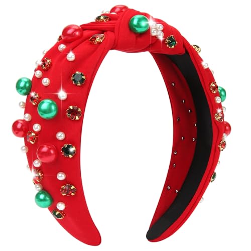 Corabsar Christmas Headbands for Women - Red Green Pearl Rhinestone Crystal Jeweled Christmas Headband - Fashion Elegant Wide Top Knotted Headband for Women Holiday Costume Accessories(Red)