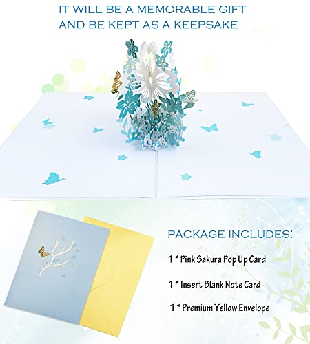 Butterflies & Flowers Pop Up Card, Handmade 3D Sky Blue Cherry Blossoms Butterfly Greeting Cards With Unique Note Card, For Thinking Of You, Wedding, Valentines Day, Thank You, Just Because, Birthday, Mother's Day, Anniversary, All Occasions #TOP5