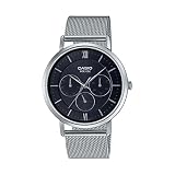 Casio Analog Watch MTP-B300M-1AV, Black Dial, Silver Stainless Steel Mesh Band, Multi-Dial, Day/Date Display, WR50M