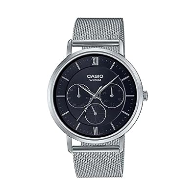 Casio Analog Watch MTP-B300M-1AV, Black Dial, Silver Stainless Steel Mesh Band, Multi-Dial, Day/Date Display, WR50M