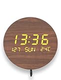 aboveClock Horloge Murale Digitale, Ø19.5cm LED Horloge Murale Numérique Alimentée par Câble USB, Horloge Bois Design Moderne avec Affichage Date, Température【Brun】