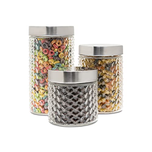 Style Setter Round Canister Set 3-Piece Glass Jars in 30, 44 and 59 ounces Chic Retro Design with Airtight Stainless Steel Lids for Cookies, Candy, Coffee, Sugar, Rice, Pasta, Cereal and More Weave