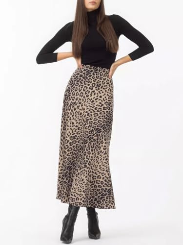 ebossy Women's Elegant Leopard Print Long Satin Skirt Silk Dressy Hidden Elastic Waist Flared A-Line Maxi Skirts2