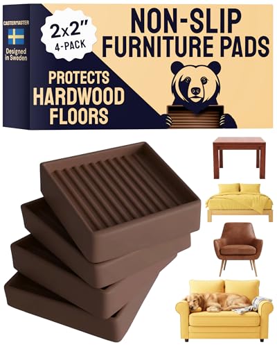 CasterMaster Non Slip Furniture Pads - 2 in x 2 in Brown 4 Pack - Chair Leg Floor Protectors & Furniture Sliders for Hardwood, Vinyl & Tile Floors - Bed Stoppers