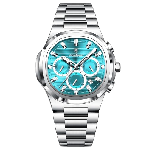 celegance Reloj Hombre Cronógrafo Cuarzo Acero Inoxidable, Impermeable 3ATM, Agujas Luminosas, Modelo Royal, Estilo Deportivo y de Negocios, 44mm, Incluye Kit de Ajuste de Correa (Azul Cian)