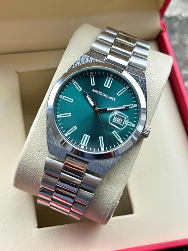 Image of AMERICANVIBER Men's Silver Stainless Steel Watch, Vibrant Green Sunburst Dial, Quartz Analog Movement, Date Display, Faceted Bezel for Men