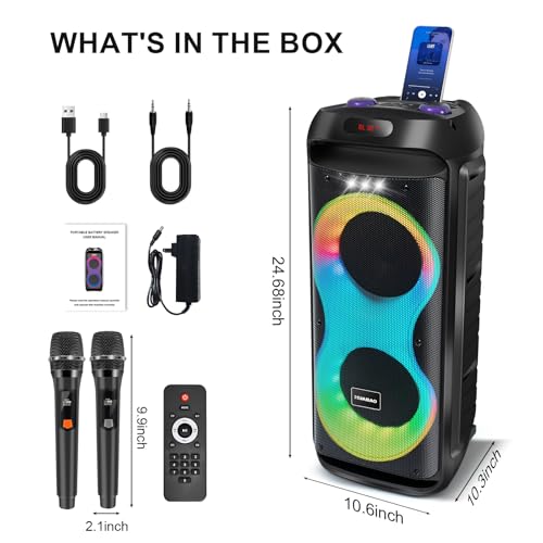 HUABAO Bluetooth Karaoke Speaker with 2 Wireless Microphones – 40W Portable PA System with LED Lights, TWS Pairing, 6.5” Dual Woofers, Rolling Wheels, Rechargeable Battery - for Party/Home/Outdoor by HUABAO - Image 9