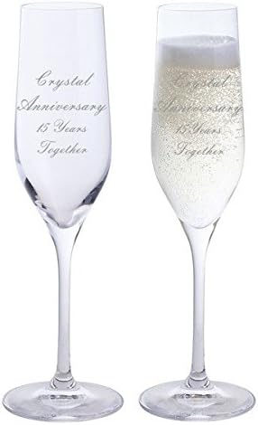 2 Crystal Anniversary 15 Years Together Pair of Dartington Champagne Flutes Glasses