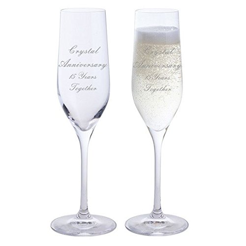2 Crystal Anniversary 15 Years Together Pair of Dartington Champagne Flutes Glasses