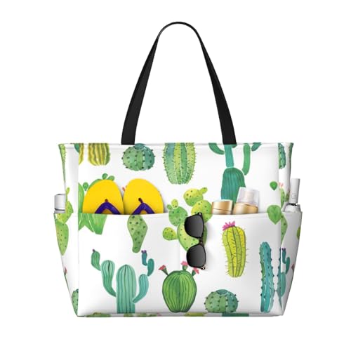 Cactus Print Large Capacity Beach Travel Bag For Family, Beach Tote Bag For Women With Zipper Pockets