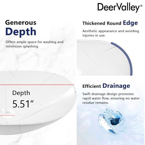 Deer Valley Deervalley 23 Inch X 14'' White Marble Oval Ceramic Vessel Sink - Modern Above Counter Porcelain Bathroom Vanity Bowl Art Basin For Lavatory Cabinet thumb #2