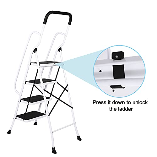 Dporticus Anti-Slip Portable 4 Step Ladder With Wide Pedal And Sturdy Handrails Folding Safty Steel Step Stool Multi-Use For Household Market Office,330Lbs Capacity #TOP2